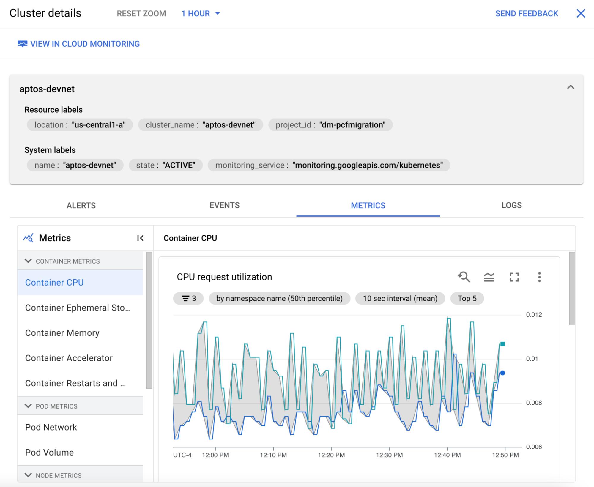 GKE Monitoring metrics screenshot